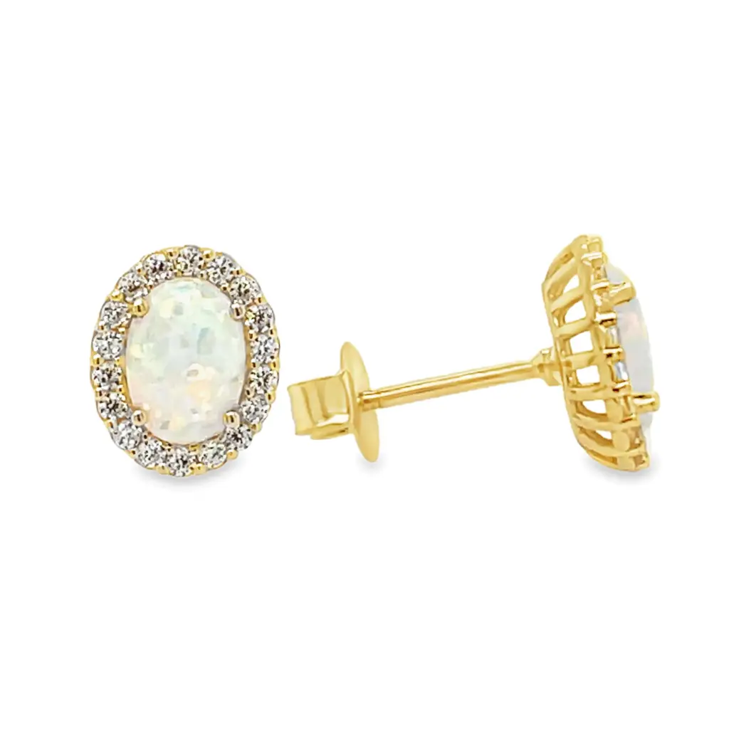 [GO2138] Yellow gold ear studs with Opalite and Zirconia