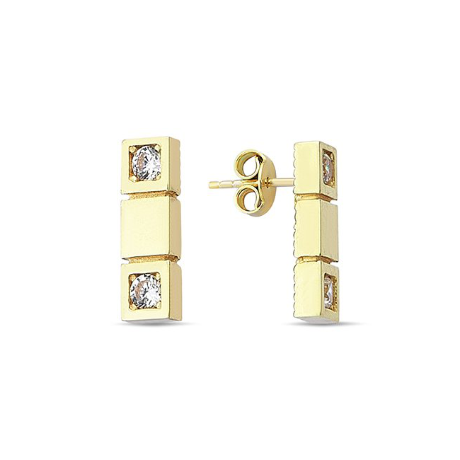 Yellow gold earrings rectangular checkered with Zirconia