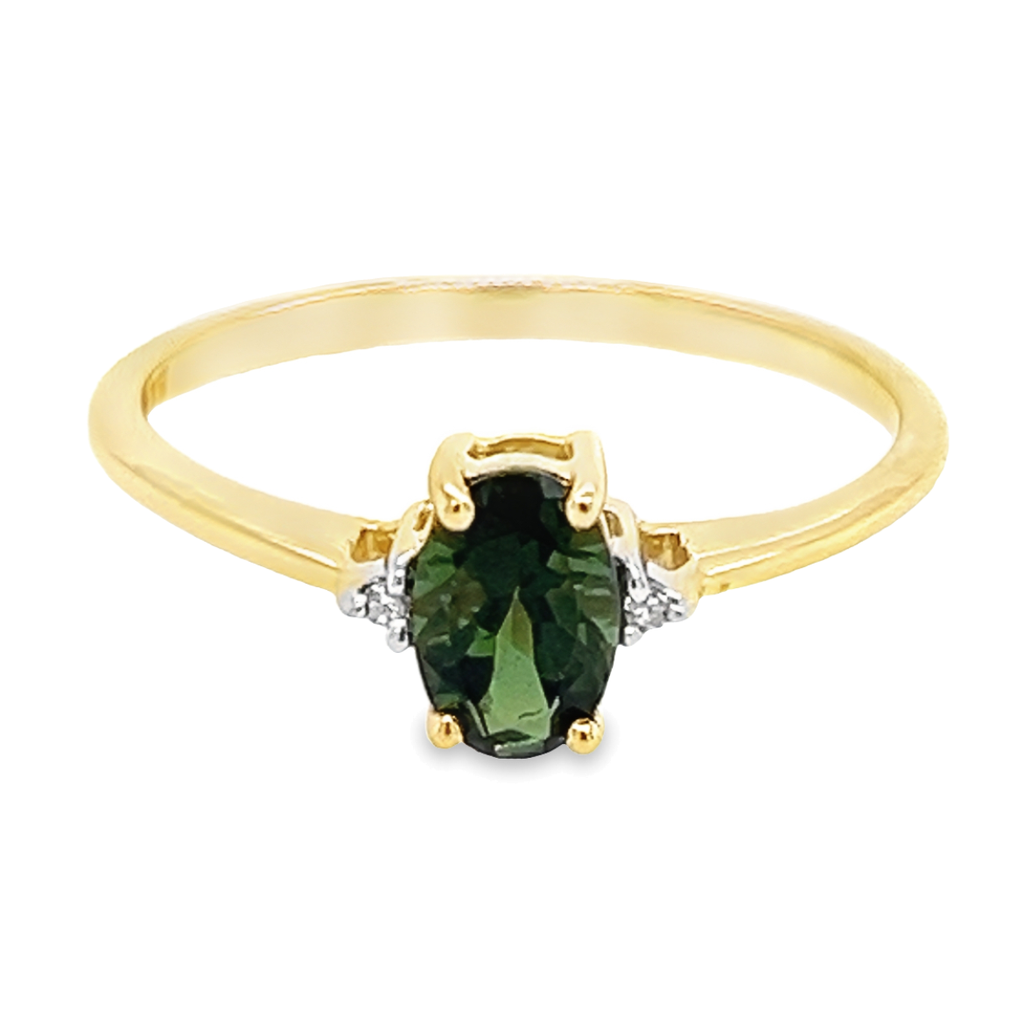 Geelgouden ring met Groene Toermalijn en Diamant