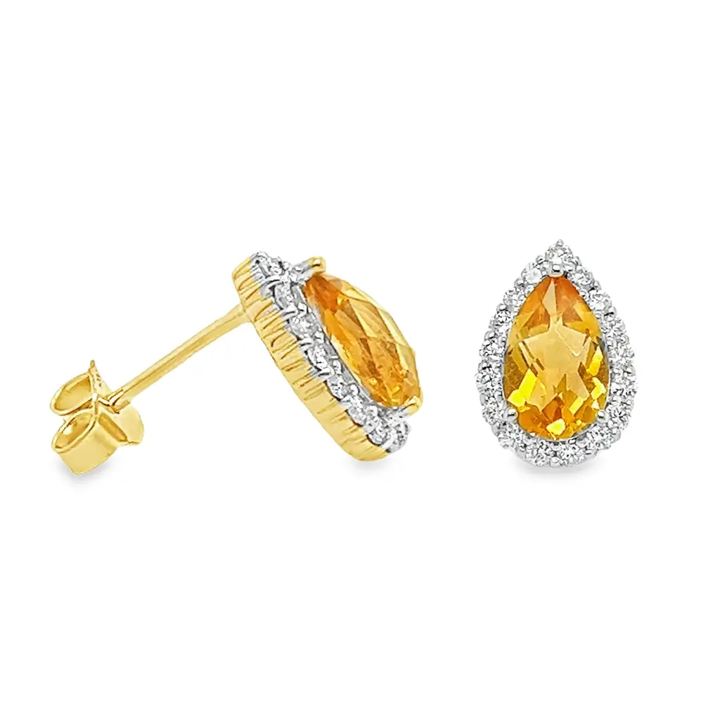 Yellow gold ear studs with Citrine pear 8x5mm and Diamond 0.34 carat SI/G