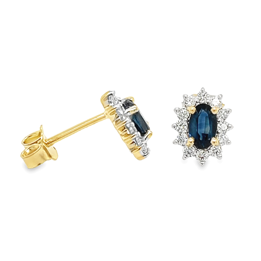 Yellow gold ear studs with Sapphire 5x3mm and Diamond 0.24 carats SI/G