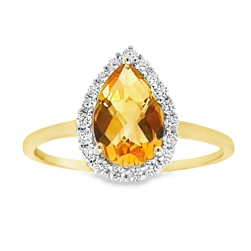 [GRE2191-52] Yellow gold ring with Citrine pear 9x6mm and Diamond 0.19 carats SI/G (16,5 / 52)