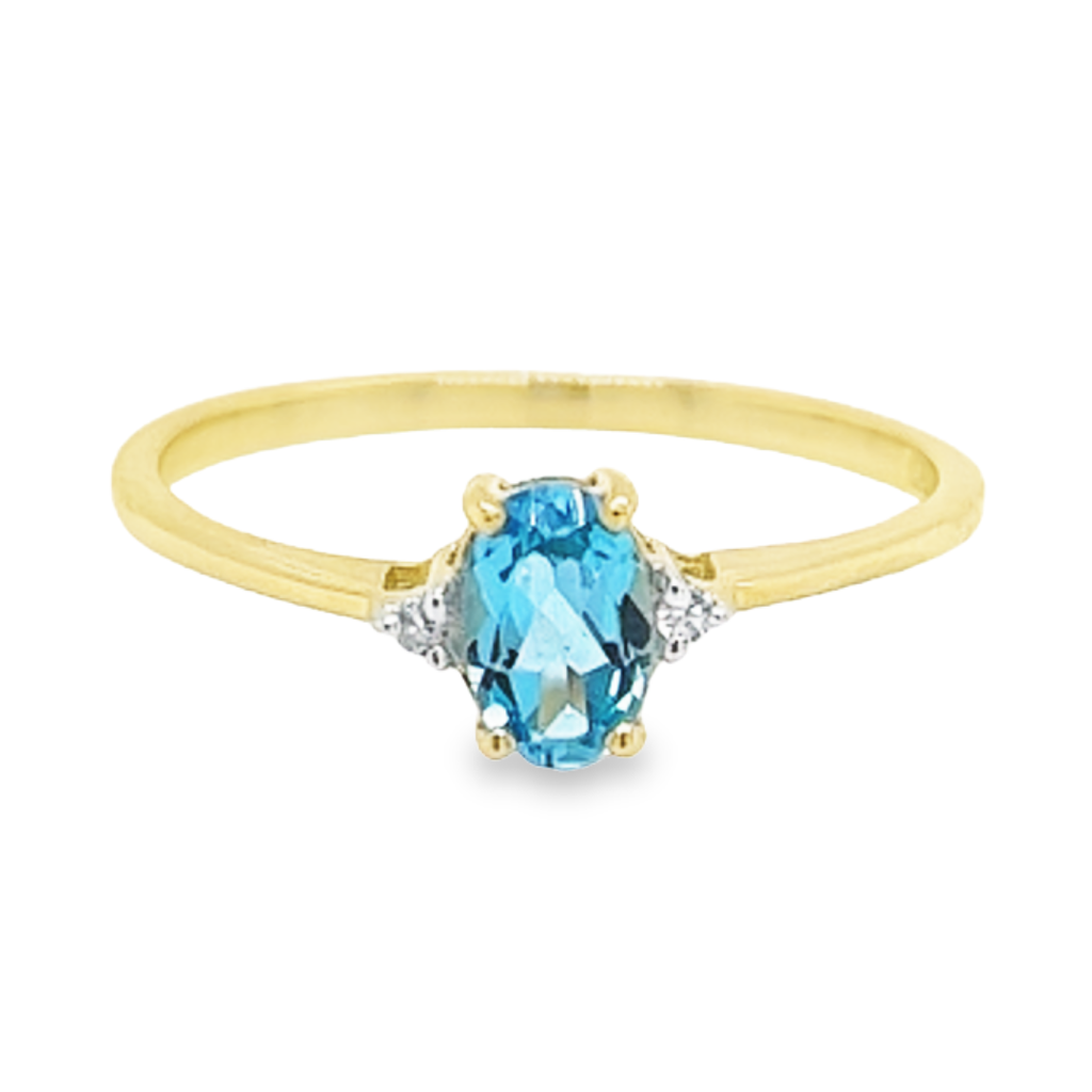 Geelgouden ring met Swiss Blue Topaas en Diamant