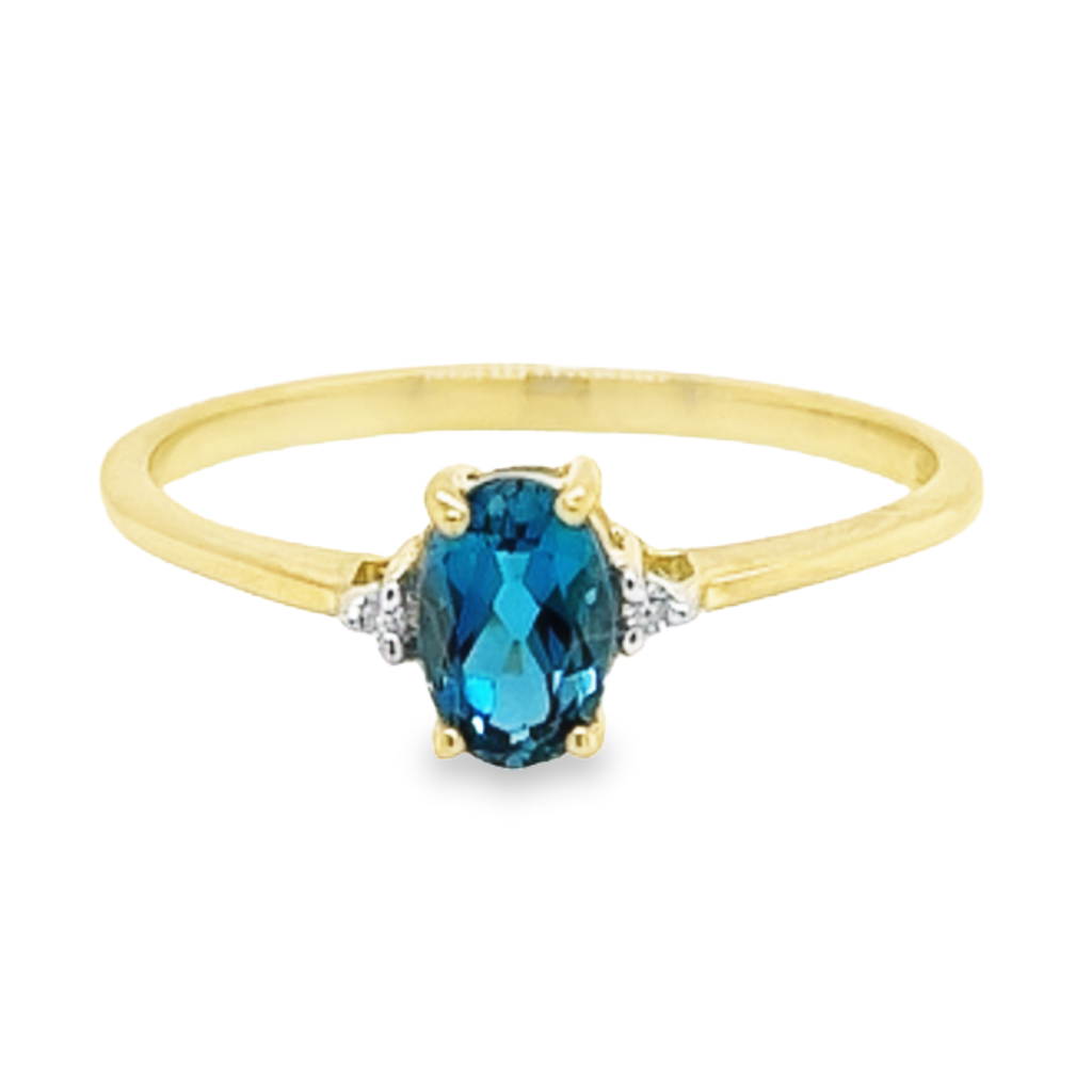 [GRE0976-50] Geelgouden ring met London Blue Topaas en Diamant (16 / 50)