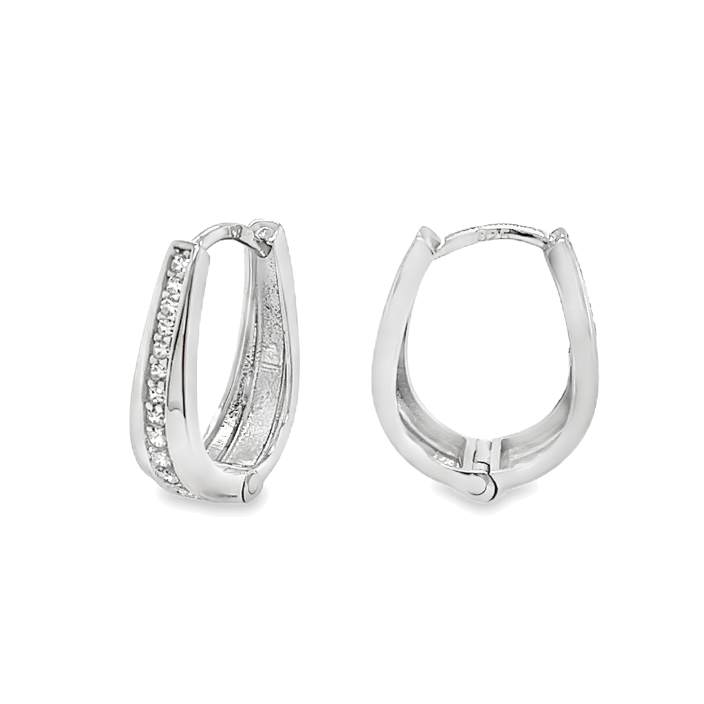 [ZO2230] Silver hinged earrings oblong with row of Zirconia