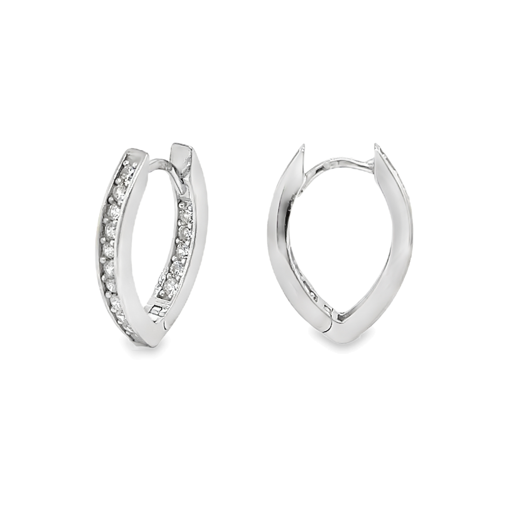 Silver hinged hoop earrings rhodium plated with 2x Zirconia row facing forward