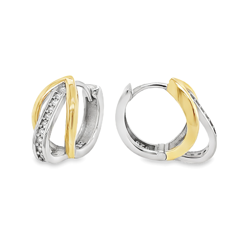 Bicolor silver hoop earrings with row of Zirconia
