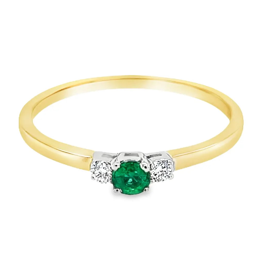 [GRE1529-52] Bicolor gold ring with 3.1MM Emerald and Diamond 0.06 carats (16,5 / 52)