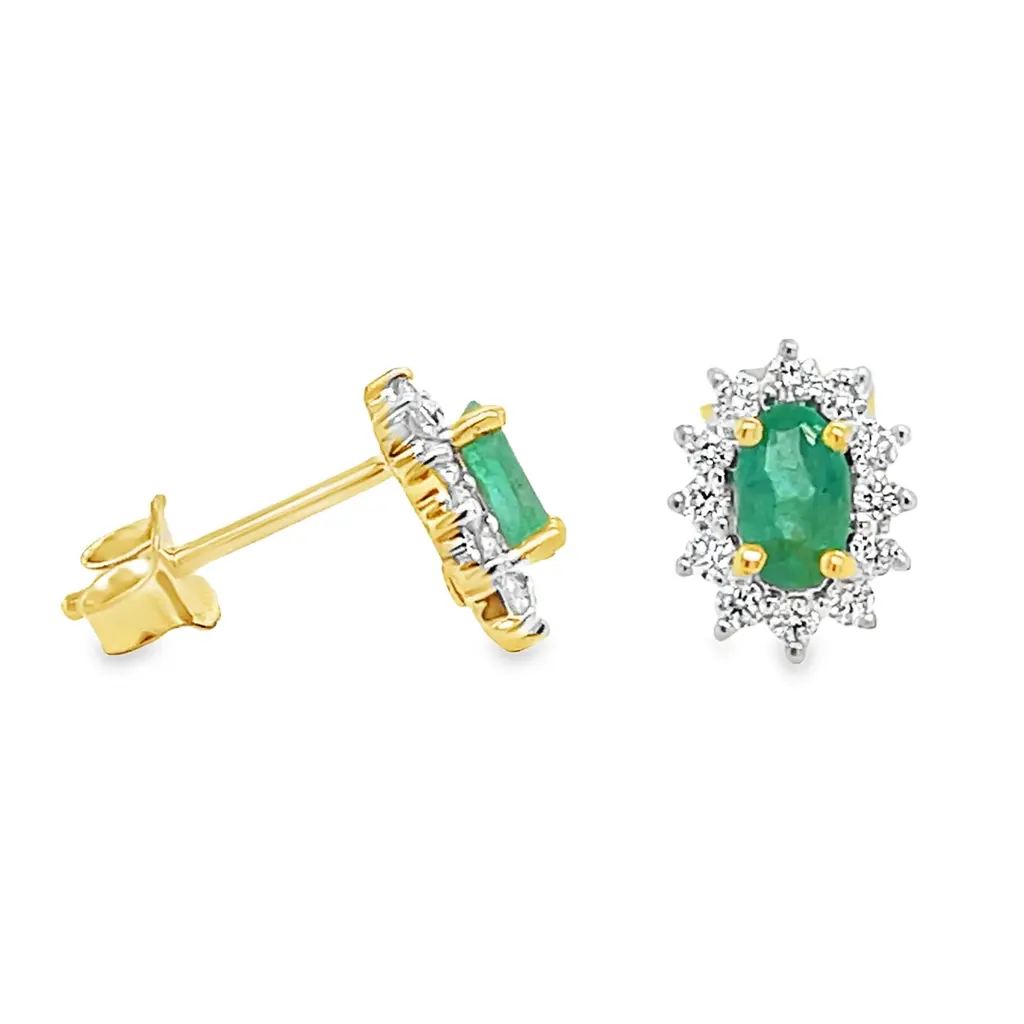 [GOE2259] Yellow gold ear studs with Emerald 5x3mm and Diamond 0.24 carats SI/G