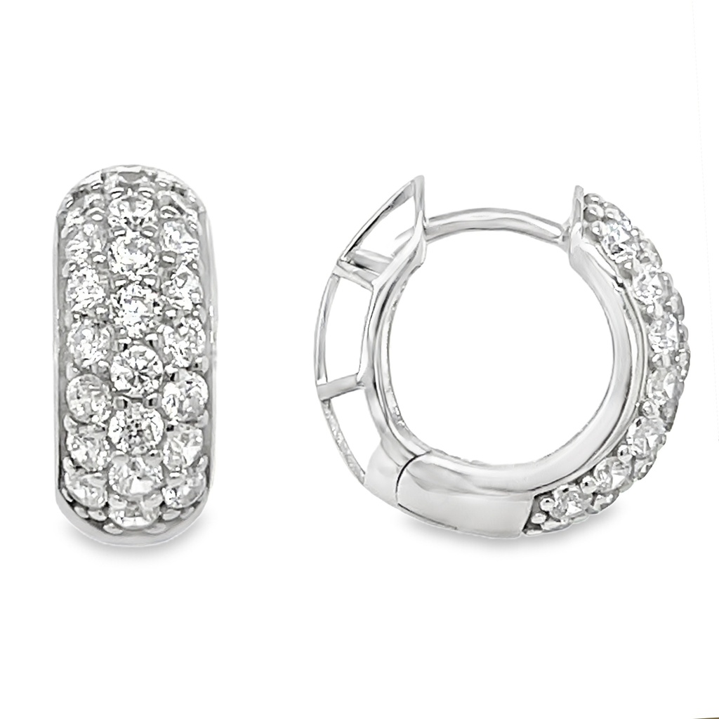 Silver hinged earrings with three rows of Zirconia rhodium plated