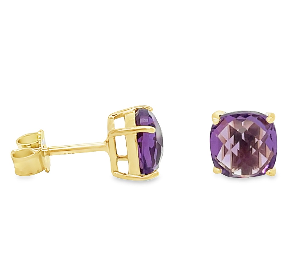 Yellow gold ear studs with Amethyst 6x6mm