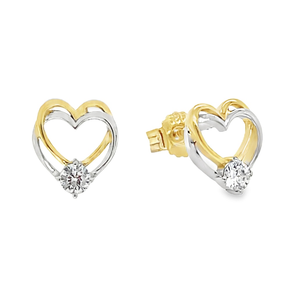 Bicolor gold stud earrings double Heart with Zirconia