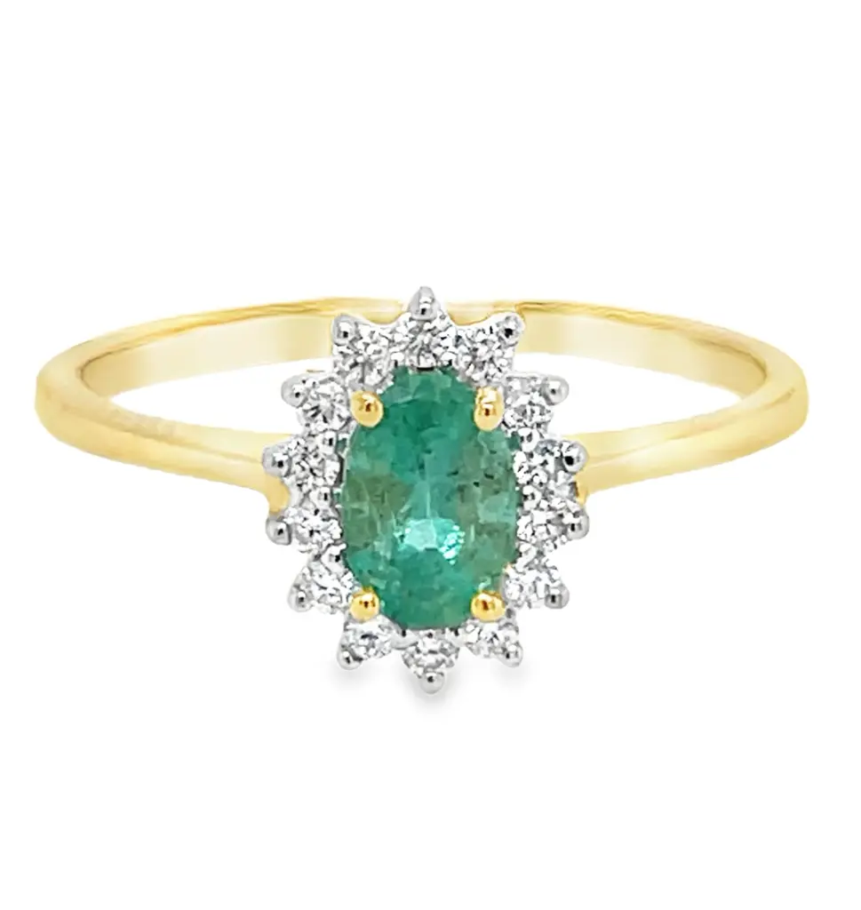 Yellow gold ring with Emerald 6x4mm and Diamond 0.14 carats SI/G