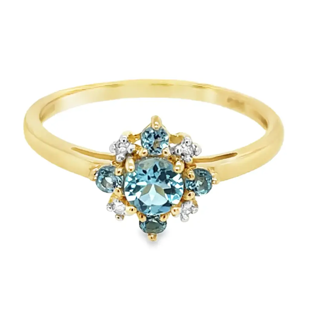 Geelgouden ring met Swiss Blue Topaas en Diamant