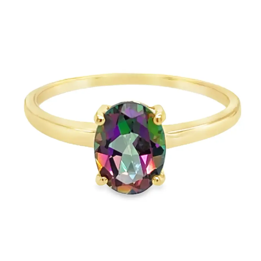 Geelgouden ring met Mystic Green Topaas 8x6mm