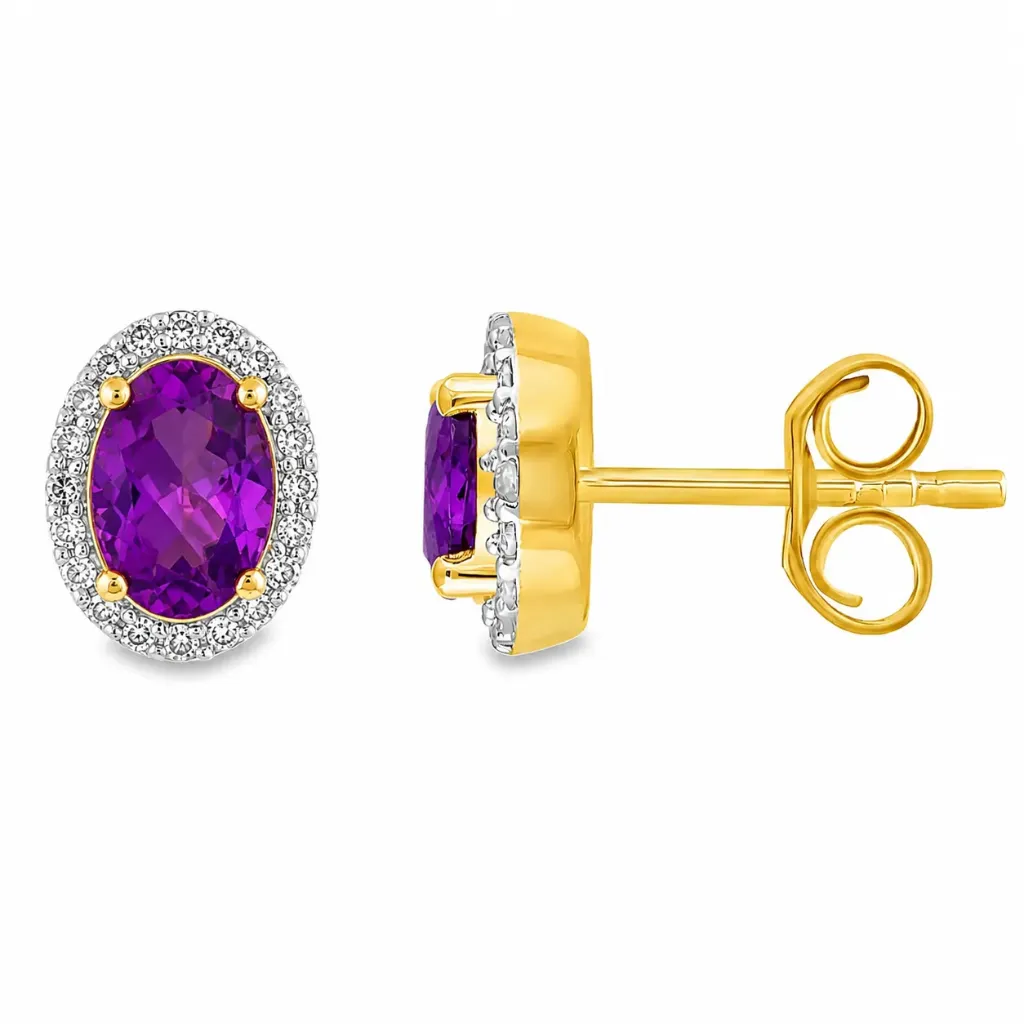 [GOE2451] Geelgouden oorstekers met Amethist 6x4mm en 0,06ct Diamant