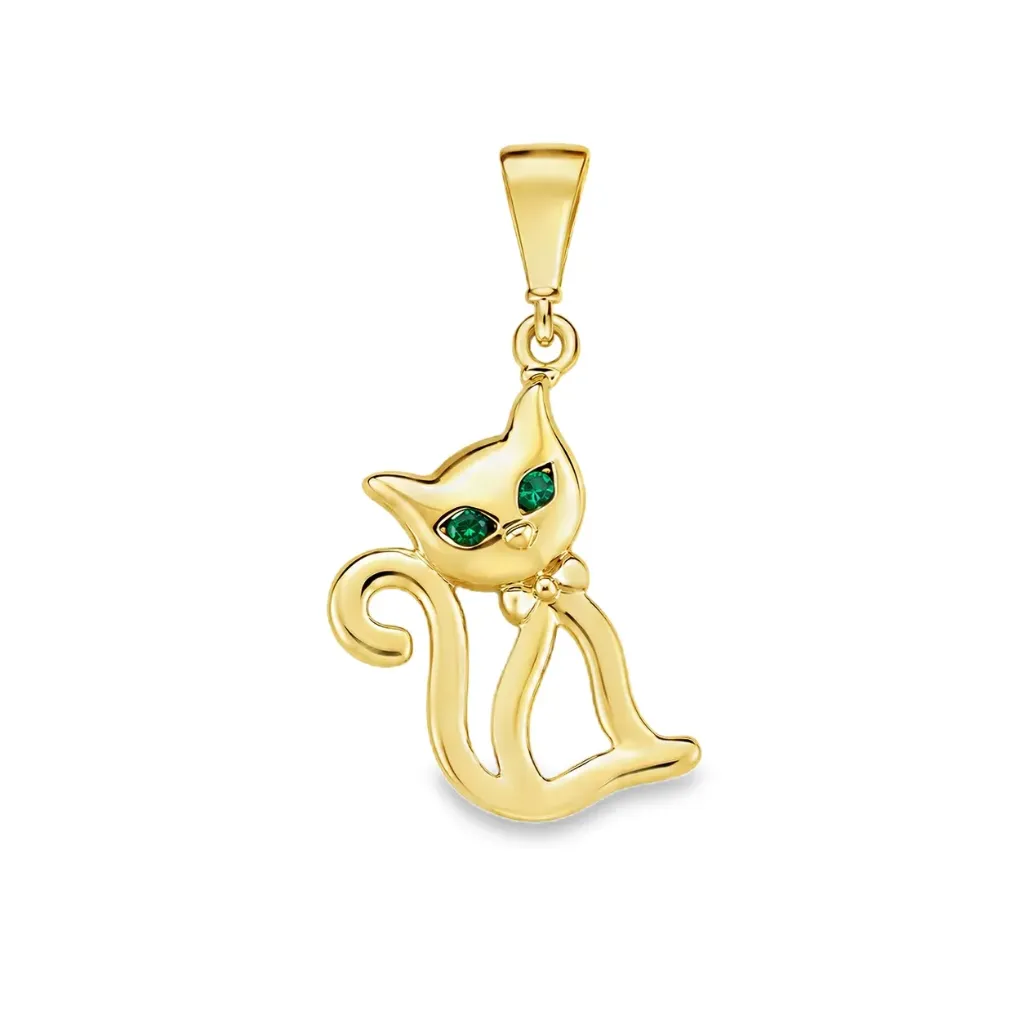 Geelgouden hanger Kat met Groene ogen