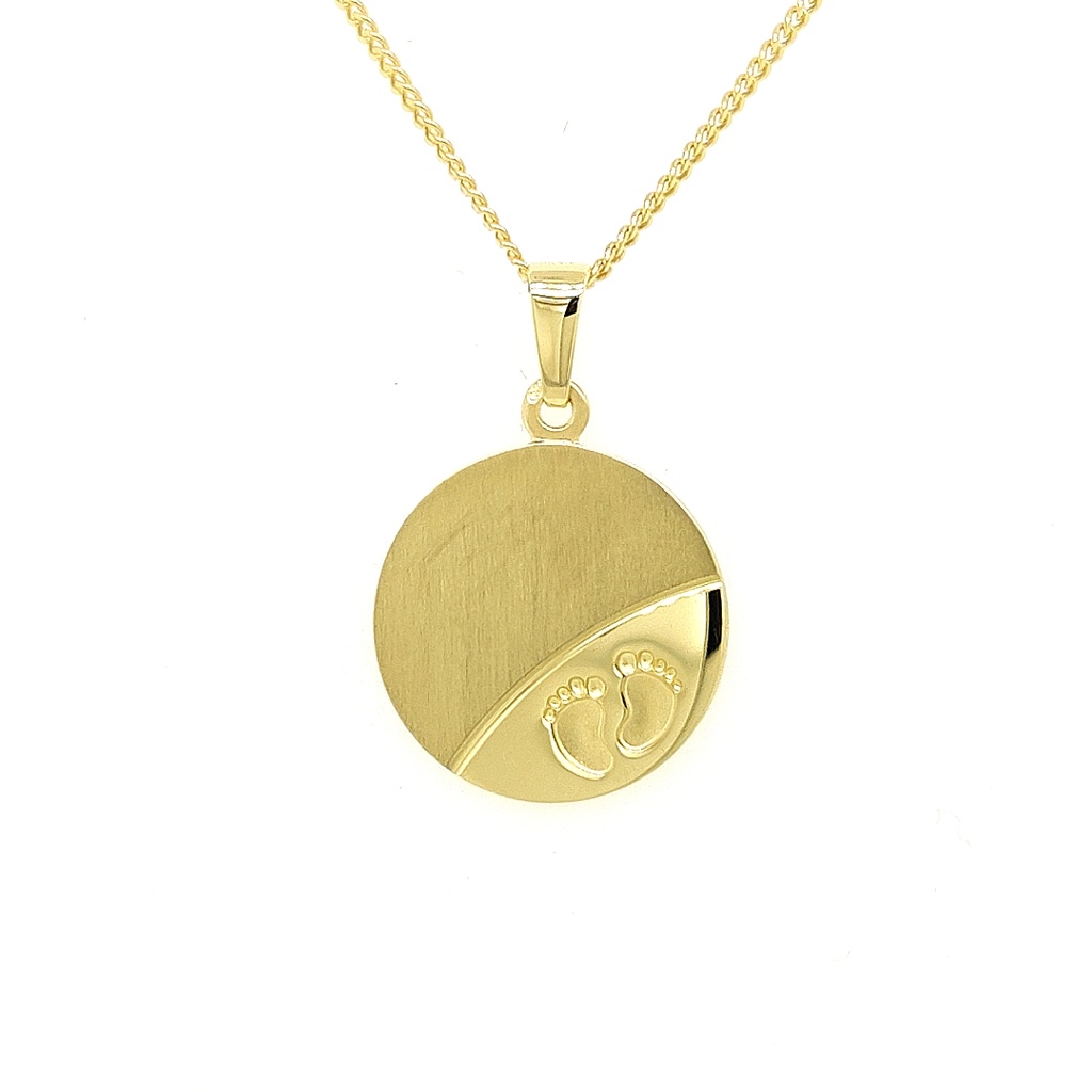 Geelgouden hanger Graveerplaatje Rond Mat/Glans met (baby)voetjes 16mm breed