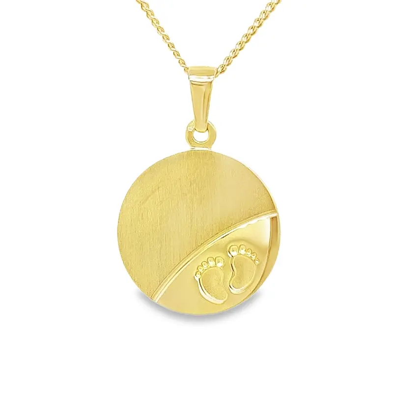 Yellow gold pendant Engraving plate Round Matte/Gloss with (baby) feet 16mm wide