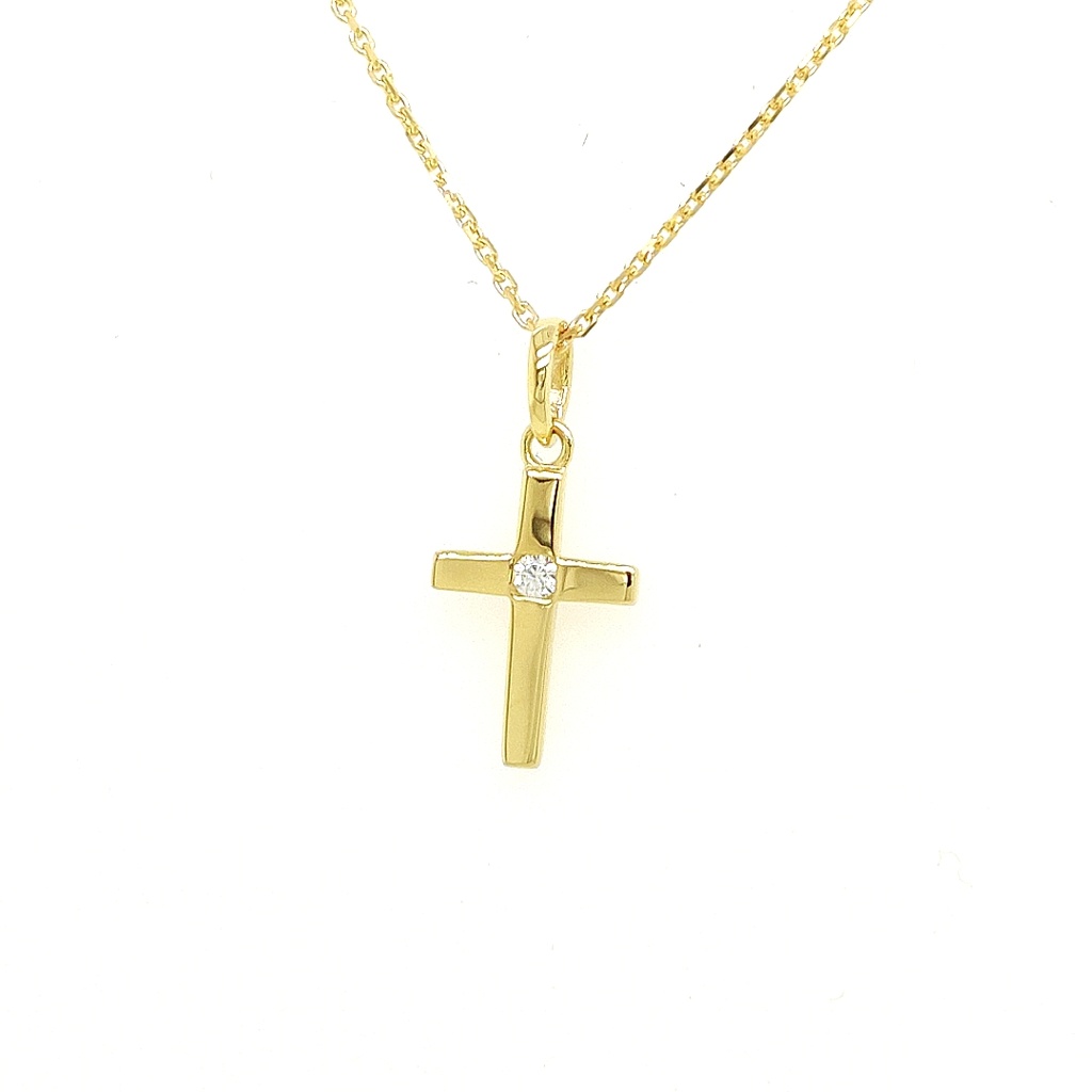 Geelgouden hanger Kruis met Zirkonia steen 9mm breed