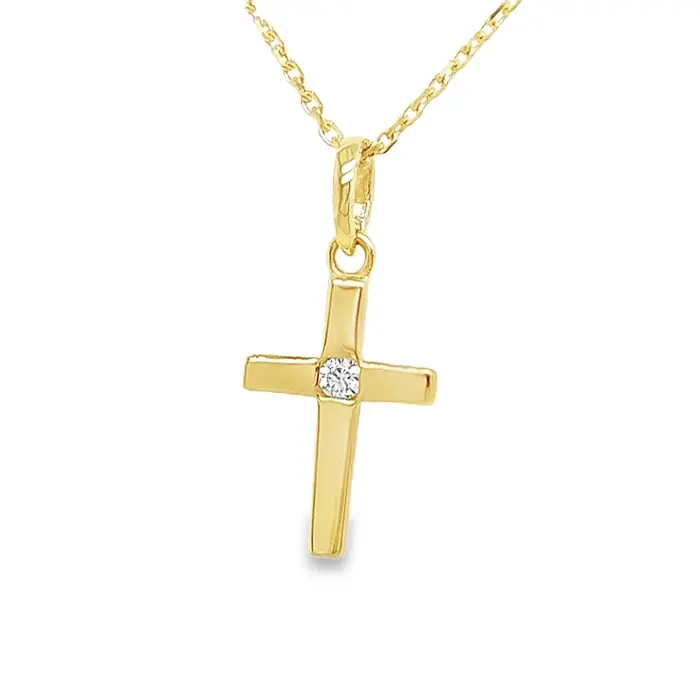 Geelgouden hanger Kruis met Zirkonia steen 9mm breed