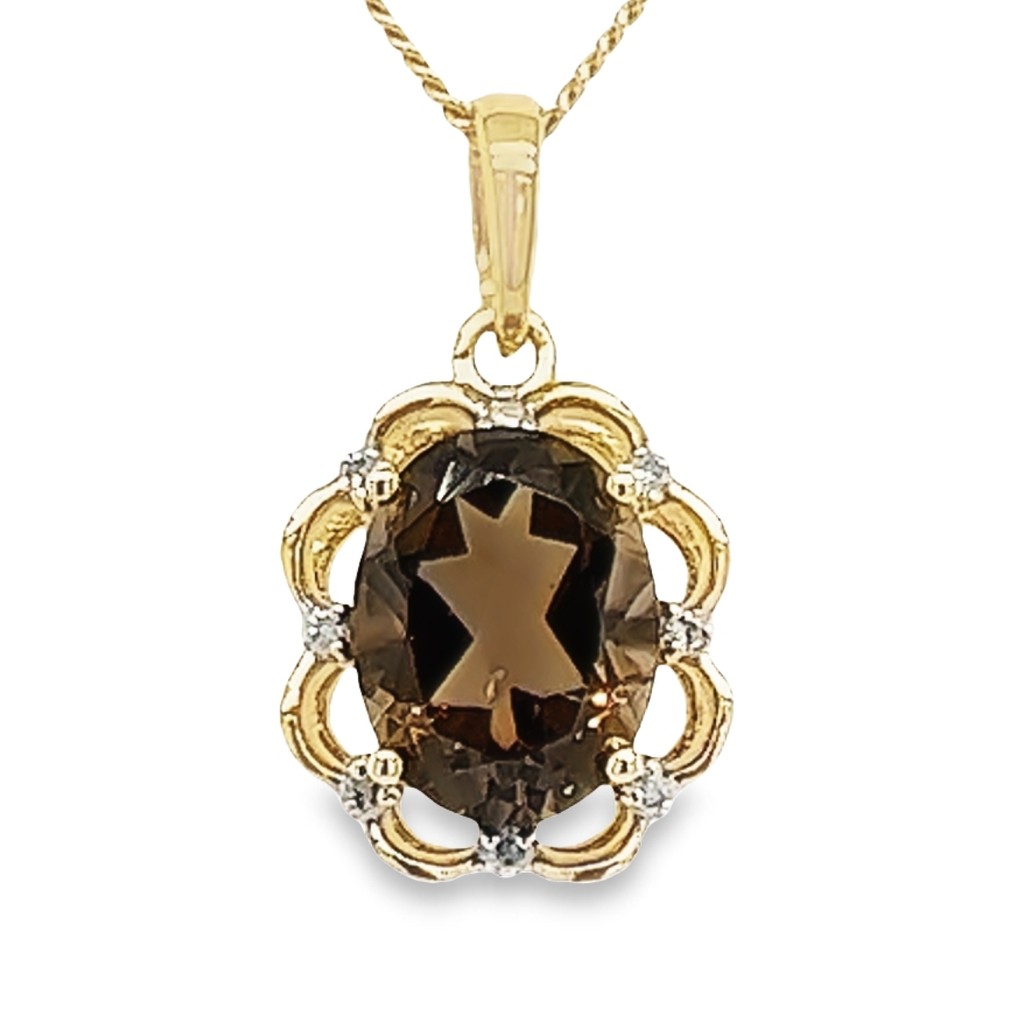 [GHE1003] Geelgouden hanger met Smoky Quartz en Diamant