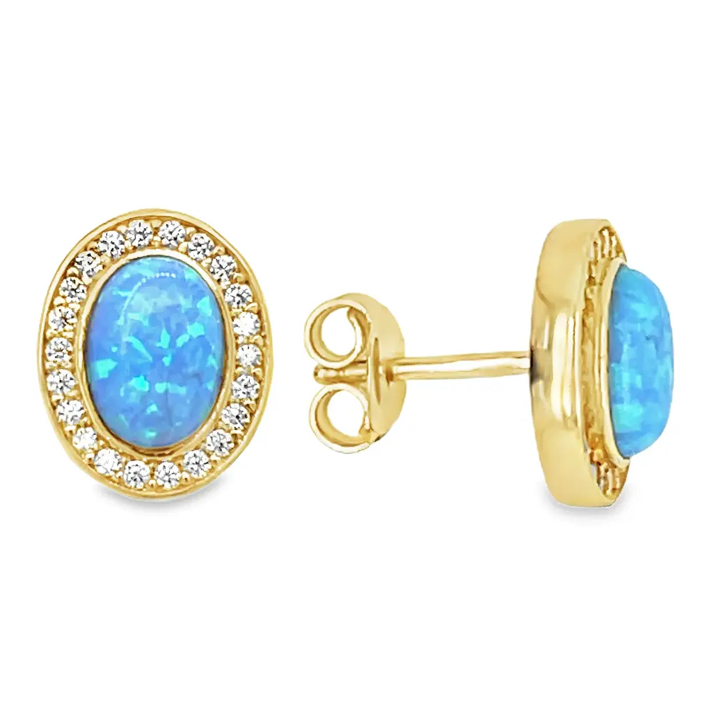 Yellow gold ear studs with Opalite and Zirconia