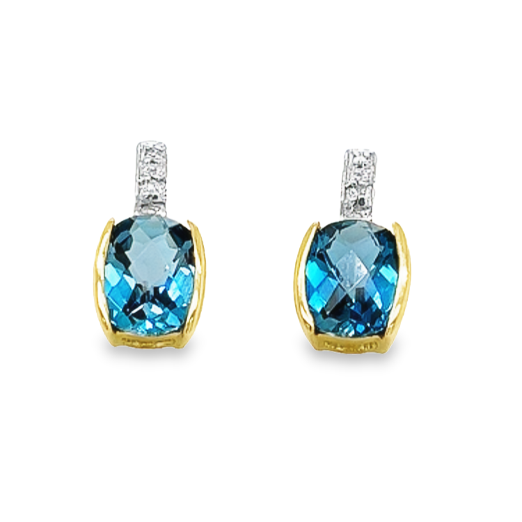 Yellow gold ear studs with London Blue Topaz and Diamond