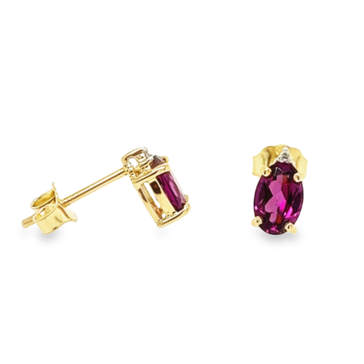 [GOE0980] Yellow gold stud earrings with Rhodolite and Diamond