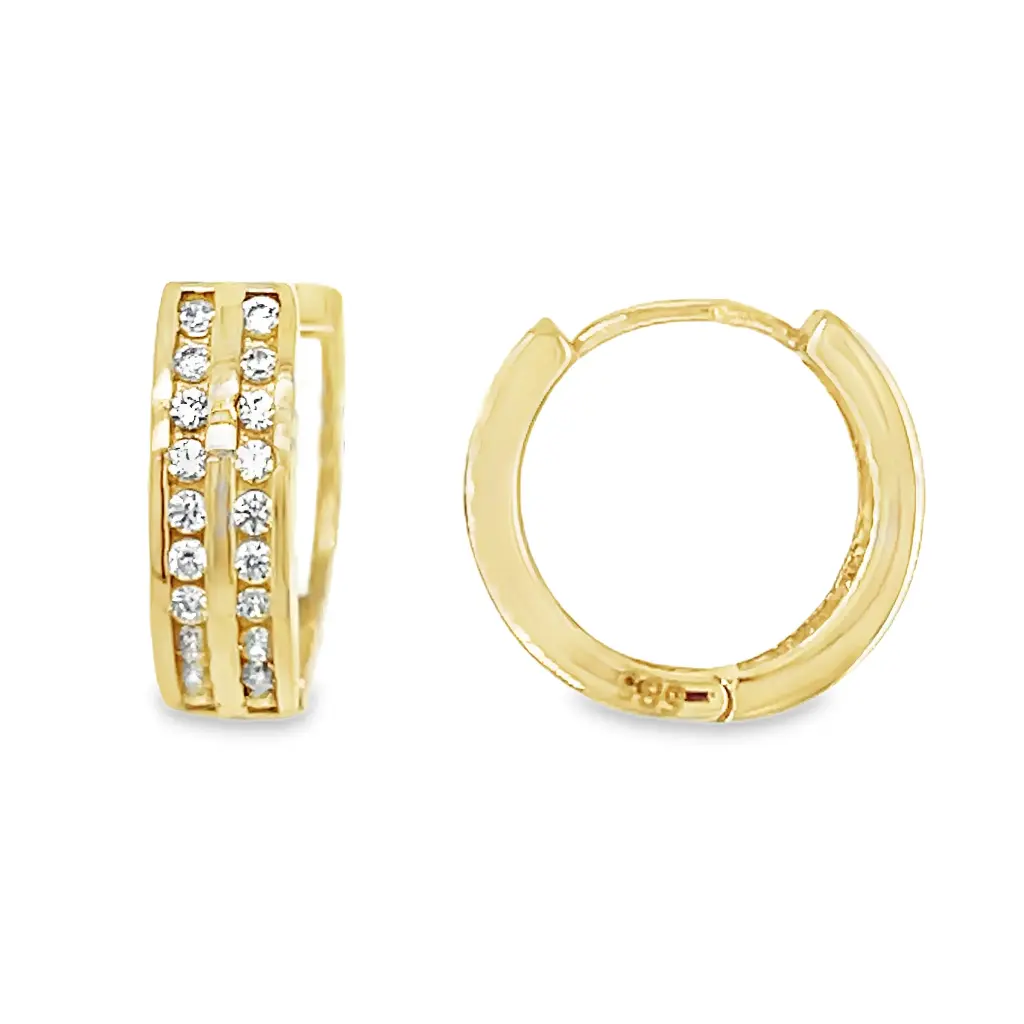 Yellow gold hoop earrings with double row of Zirconia stones