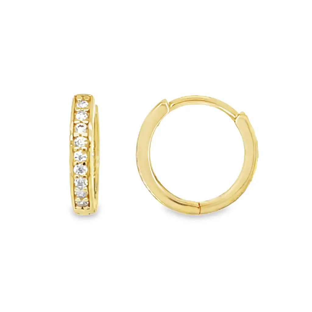 Yellow gold hoop earrings with single row of Zirconia stones
