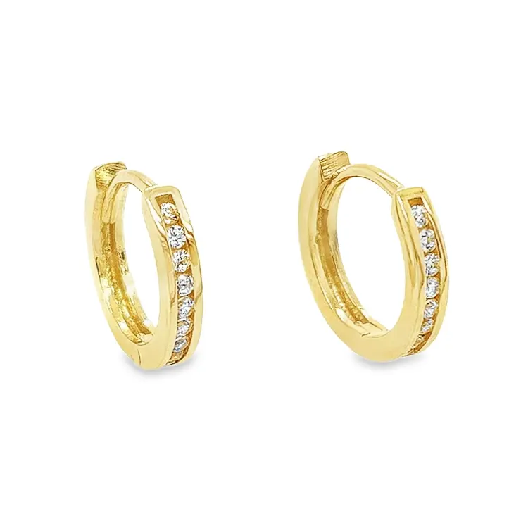 Yellow gold hoop earrings with single row of Zirconia stones