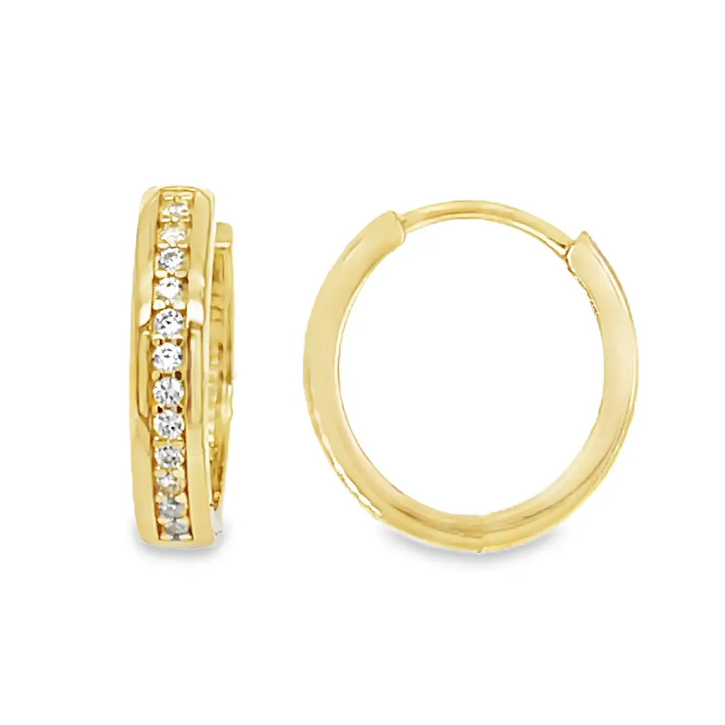 Yellow gold hoop earrings with single row of Zirconia stones