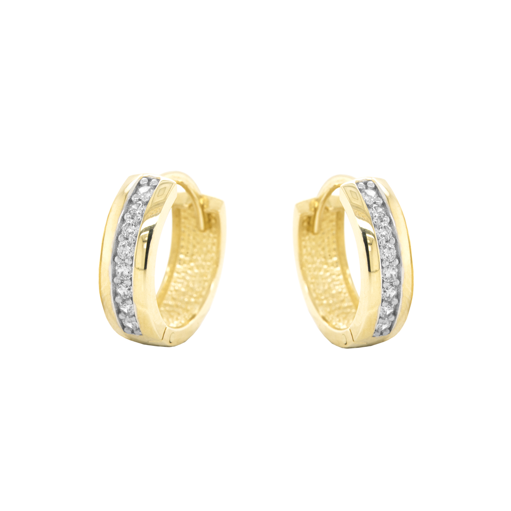 Yellow gold hoop earrings with single row of Zirconia stones