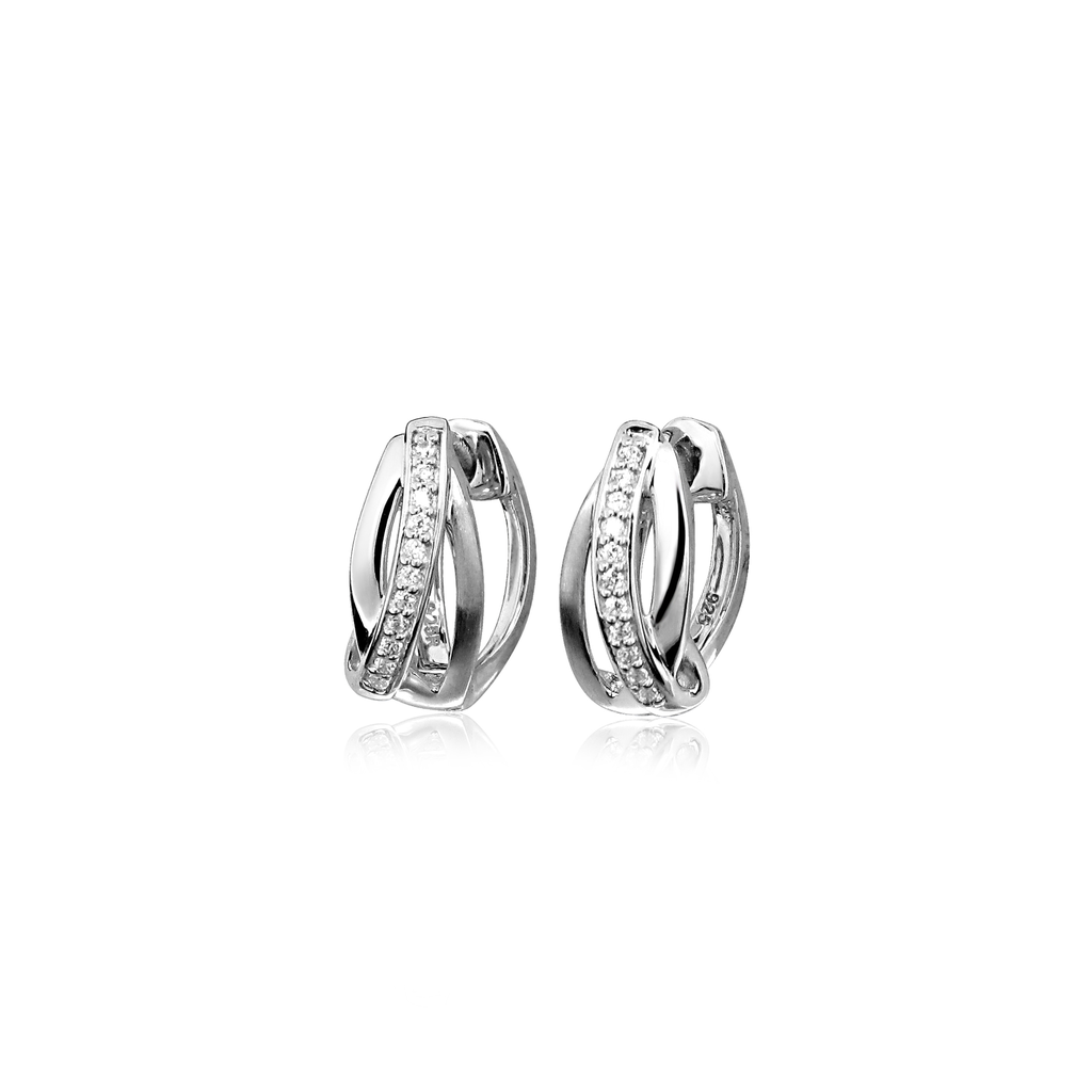 O014 Silver ear hoop earrings Fantasy Matte/Gloss with Zirconia stones