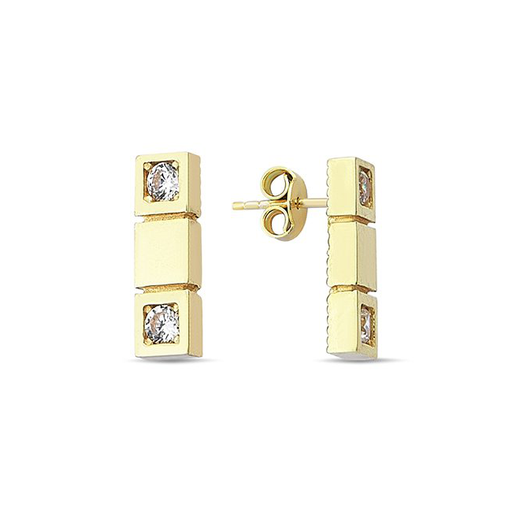 [GO2150] Yellow gold earrings rectangular checkered with Zirconia
