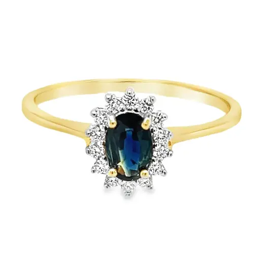 Geelgouden ring met Saffier 6x4mm en Diamant 0,14 karaat SI/G