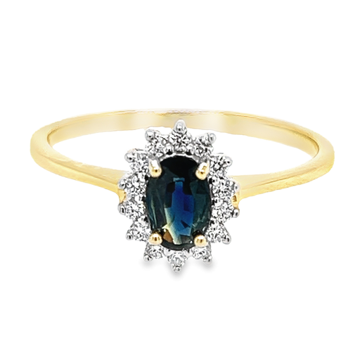 Yellow gold ring with Sapphire 6x4mm and Diamond 0.14 carats SI/G