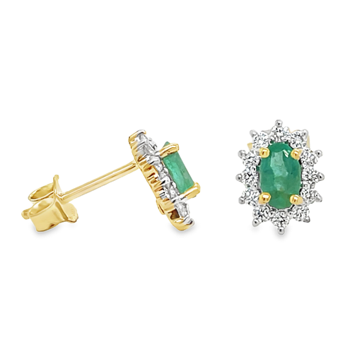 [GOE2259] Geelgouden oorstekers met Smaragd 5x3mm en Diamant 0,24 karaat SI/G