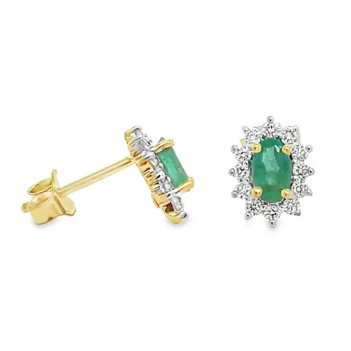 [GOE2259] Yellow gold ear studs with Emerald 5x3mm and Diamond 0.24 carats SI/G