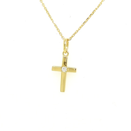 [GH0521] Geelgouden hanger Kruis met Zirkonia steen 9mm breed