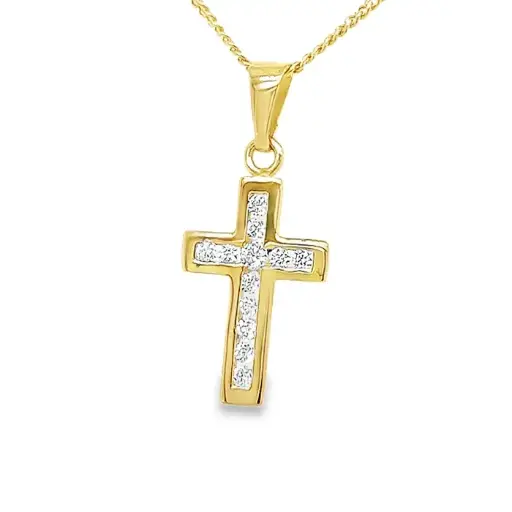 [GH0590] Yellow Gold Cross Pendant with Zirconia stones