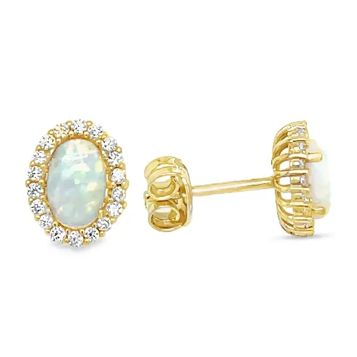 [GO0892] Yellow gold ear studs with Opalite and Zirconia