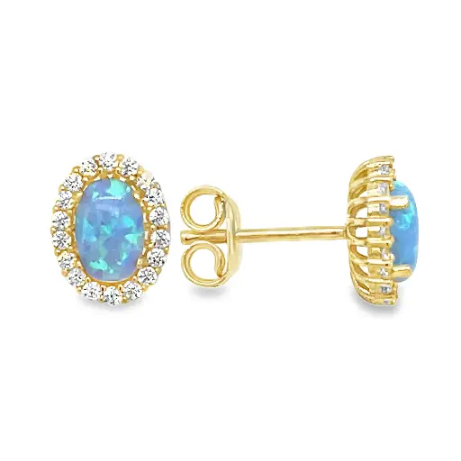 [GO0893] Yellow gold ear studs with Opalite and Zirconia