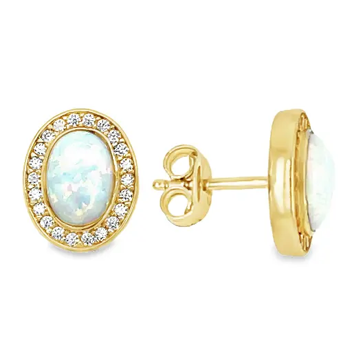 [GO0894] Yellow gold ear studs with Opalite and Zirconia