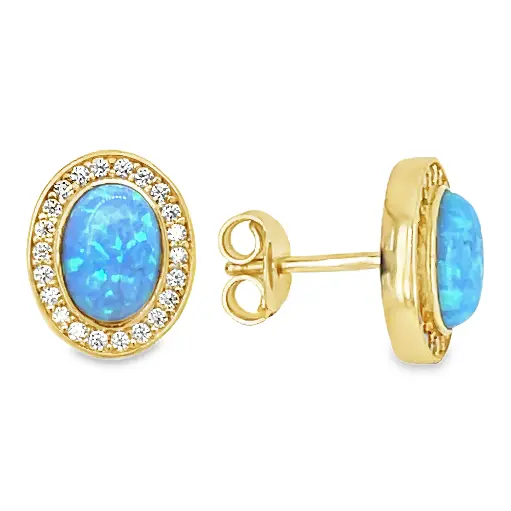 [GO0895] Yellow gold ear studs with Opalite and Zirconia