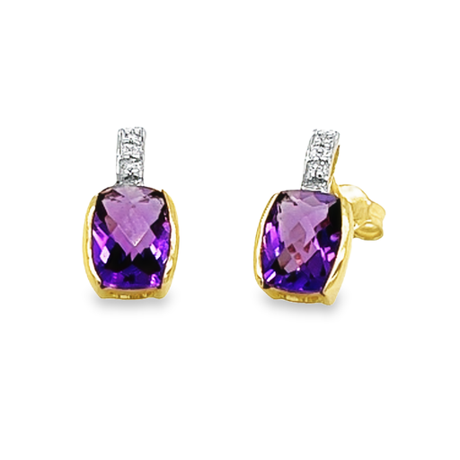 [GOE0944] Yellow gold ear studs with Purple Amethyst and Diamond