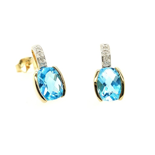 [GOE0945] Yellow gold stud earrings with Swiss Blue Topaz and Diamond