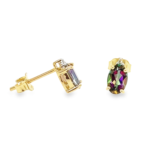 [GOE0977] Yellow gold stud earrings with Mystic Green Topaz and Diamond