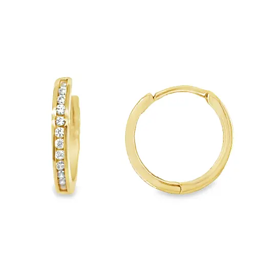 [GOR1071] Yellow gold hoop earrings with single row of Zirconia stones